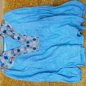 Boden Blue Blouse with Colorful Embroidery